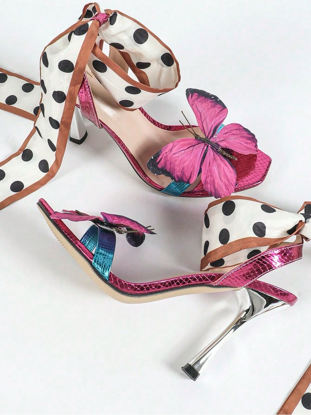 Pink Metallic Butterfly High Heels with Polka Dot Ankle Tie